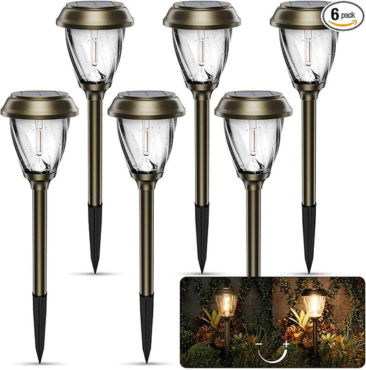 XMCOSY+ Solar Pathway Lights Outdoor, 10/25 LM in 2 Lighting Modes, Glass Stainless Steel Waterproof Outside Solar Powered Garden LED Lights for Yard Lawn Driveway Walkway Landscape Decor(Warm White)