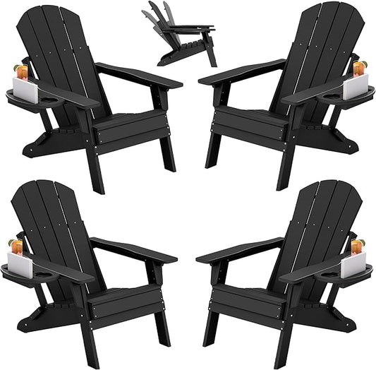 FOOWIN Folding Adjustable Adirondack Chair Set of 4,HDPE Adirondack Chair w/4 in 1 Cup Holder Trays,All-Weather Resistant Fire Pit Chair, Outdoor Chair for Patio Lawn Poolside,400lbs,Black
