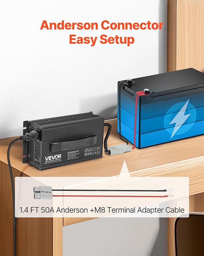 VEVOR 24V 20A Lithium Battery Charger, 29.2V, AC-DC LiFePO4 Smart Charger, with Anderson Connector, LED Indicator, 0V Activation, for Lithium LiFePO4 Deep Cycle Rechargeable Batteries of Boat, RV