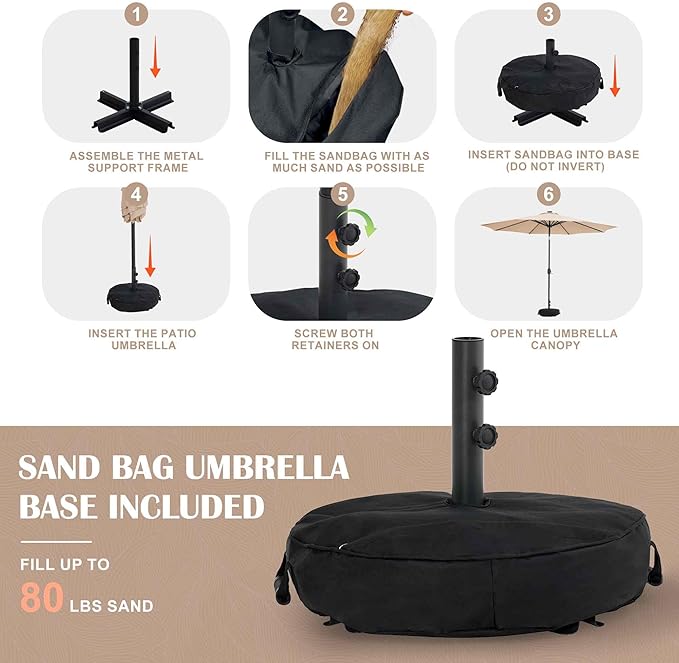 Sundale Outdoor Olefin 5-Year-Non-Fading Solar 80 LED 9 FT Solar Patio Umbrella with Sand Bag Base, Outdoor Umbrella with Tilt and Crank, Tan