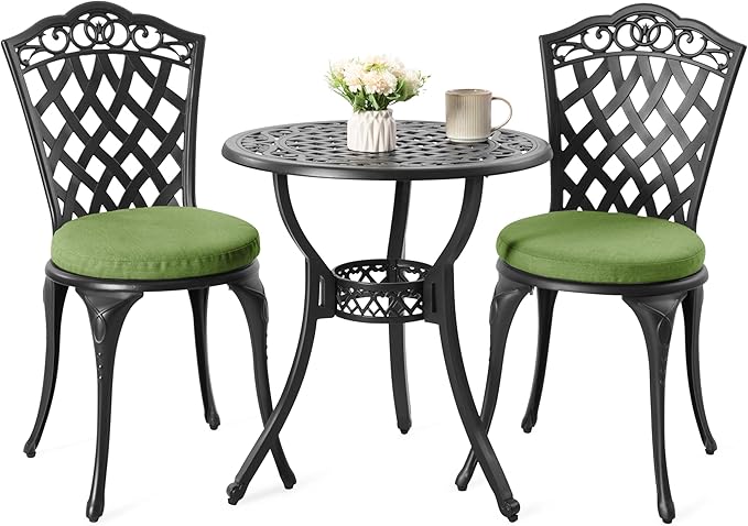 NUU GARDEN 3-Piece Patio Bistro Set Outdoor Cast Aluminum Bistro Table and Chairs Set of 2, Outdoor Patio Bistro Set with Umbrella Hole and Green Cushions for Porch, Garden, Black