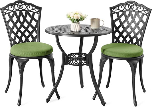 NUU GARDEN 3-Piece Patio Bistro Set Outdoor Cast Aluminum Bistro Table and Chairs Set of 2, Outdoor Patio Bistro Set with Umbrella Hole and Green Cushions for Porch, Garden, Black