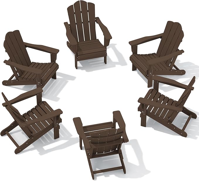 KINGYES Folding Adirondack Chair Set of 6, HDPE All-Weather Folding Adirondack Chair, Coffee