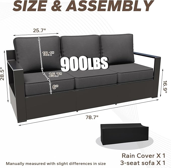 79" Aluminum Patio Sofa - All Weather Outdoor 3-Seat Sofa Couch with 6" Water-Resistant Cushions & Rectangular Framed Metal Armrest & Sofa Cover for Garden Porch (Grey)