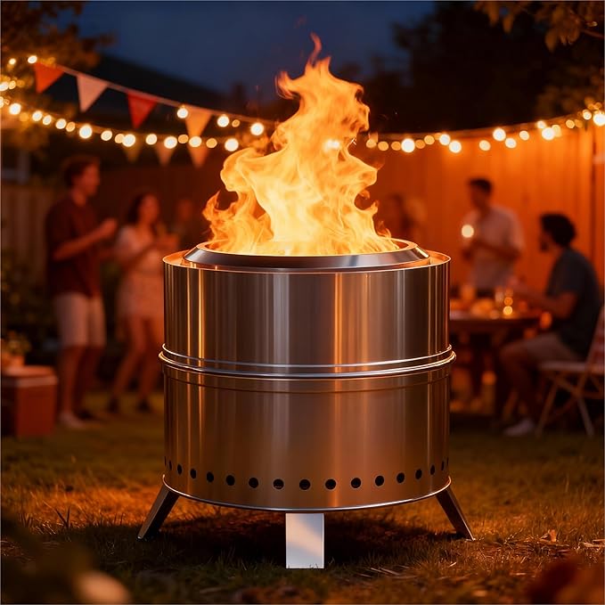 Breezz Smokeless Fire Pit 19.3 Inch Stainless Steel Outdoor Wood Burning Firepit with Carry Bag, Portable Bonfire Stove for Backyard, Patio, Camping, and Picnic, Efficient Airflow & Low Smoke Design