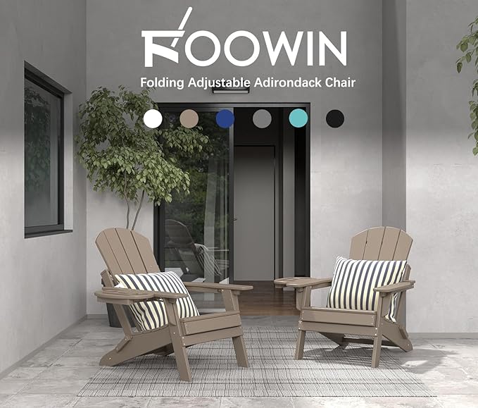 FOOWIN Folding Adjustable Adirondack Chair Set of 4,HDPE Adirondack Chair w/4 in 1 Cup Holder Trays,All-Weather Resistant Fire Pit Chair, Outdoor Chair for Patio Lawn Poolside,400lbs,Brown
