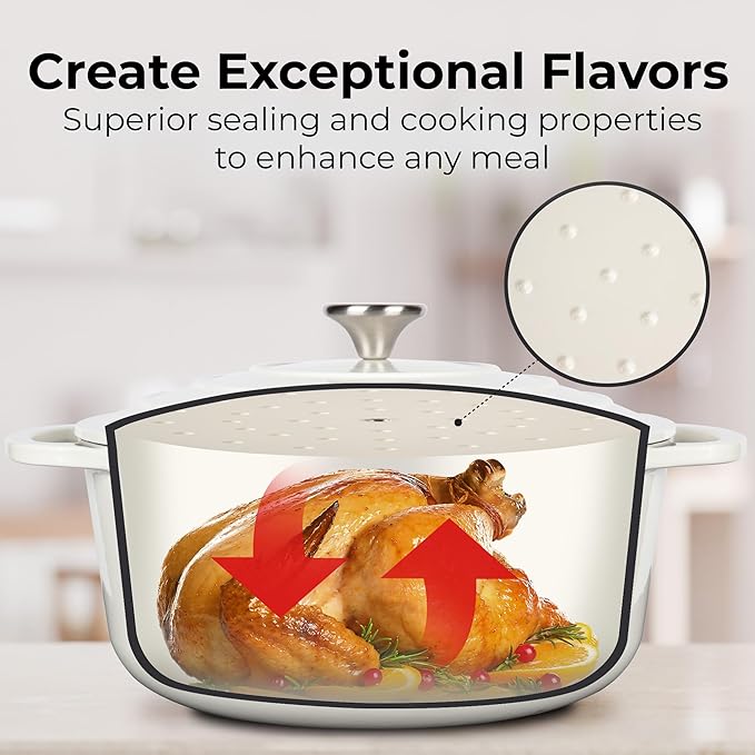 Zulay Kitchen 7.7 Quart Enameled Cast Iron Dutch Oven Pot with Lid – Premium Durability & Oven Safe up to 500°F – Heavy Duty Cookware Perfect for Bread Baking, Stews, Braising & Roasting – White