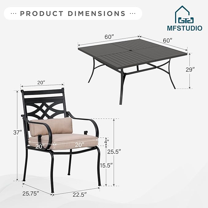 MFSTUDIO Patio Dining Sets for 8, Patio Table and Chairs Set with Umbrella Hole, Patio Furniture Set with Square Table, 9 Piece Outdoor Dining Set for Deck, Poolside, Backyard, Garden