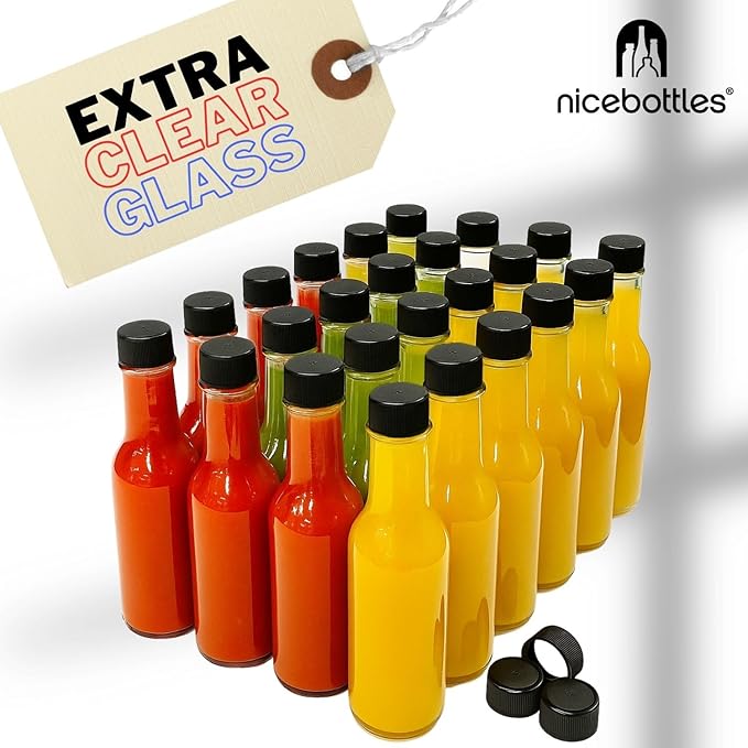 nicebottles Hot Sauce Bottles with Red Caps & Shrink Bands, 5 Oz - 12 Pack