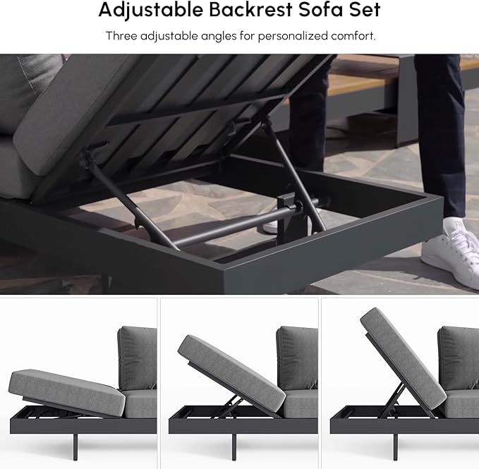 homary Outdoor Patio Conversation Sets, 6 Piece Aluminum & Teak Patio Sectional Sofa Set Outdoor Furniture with Adjustable Backrests, Waterproof, Fade Resistant Cushions Ideal for Patios & Balconies