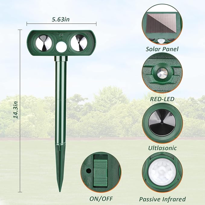 4 Pack Ultrasonic Animal Repellent Solar Deer Repllent Devices Cat Repellent Outdoor Animal Deer Deterrent Scare Squirrel, Raccoon, Skunk, Rabbit, Dog with Motion Detector for Yard Garden