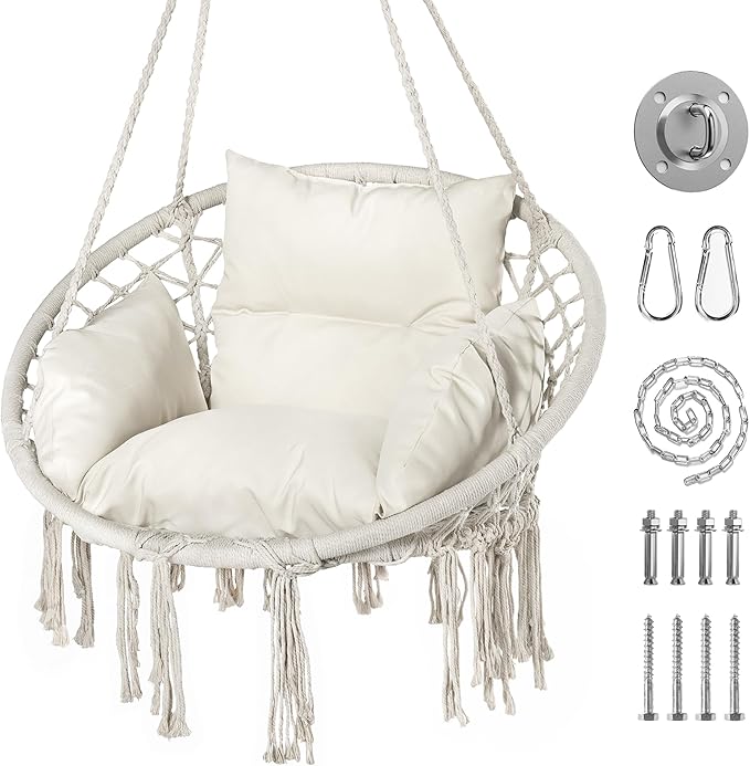 Hammock Hanging Rope Swing Chair with Cushion - Max 330 Lbs, Sturdy Hammock Swinging Chair for Bedroom, Porch, Balcony -White (White)