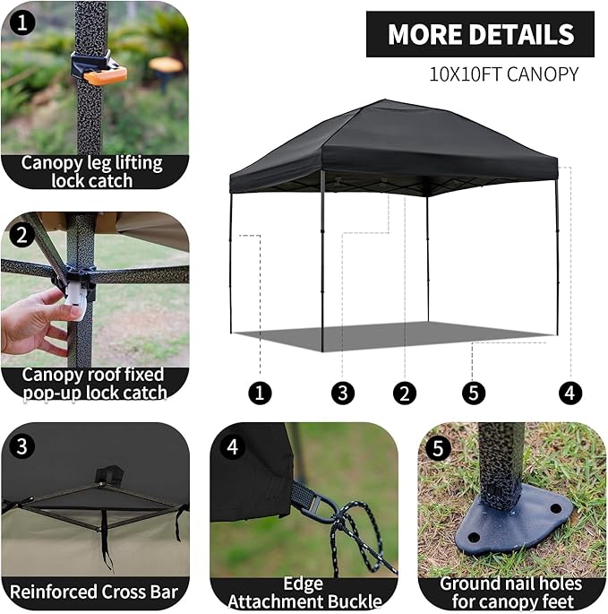 10x10 Pop Up Canopy Tent with 2 Sidewalls, Easy Up Canopy Outdoor Party Sun Shade Tent Portable Gazebo for Beach Camping Events with Carry Bag and 4 Sand Bags