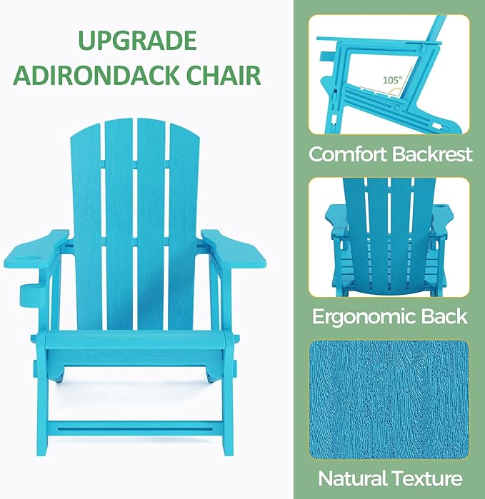 FONTOI Adirondack Chair, Plastic Outdoor Patio Adirondack with Cup Holder, 400 LBS Capacity Recliner Chair Garden for Backyard Lawn Beach Sky Blue