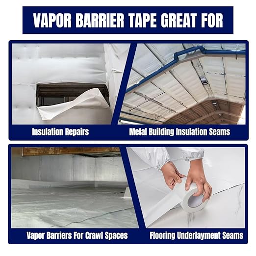 Vapor Barrier Tape, 4" Wide x 180' Long, 6 Roll, Waterproofing Vapor Barrier Seam Tape for Stucco, Crawl Space, Repair, Plastic Liners, Metal Building Insulation Seams