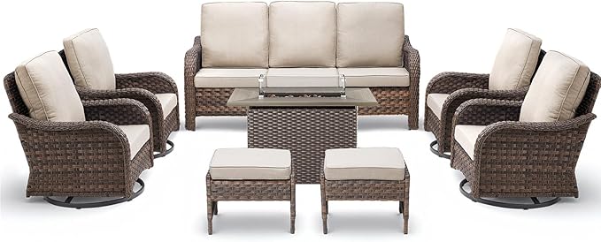 Patio Furniture Set with 42.5" Fire Pit Table-8 Pieces All Weather Wicker Outdoor Furniture with High Back Swivel Patio Chairs Set of 2 Outdoor Couch for Deck Balcony Backyard Brown/Beige