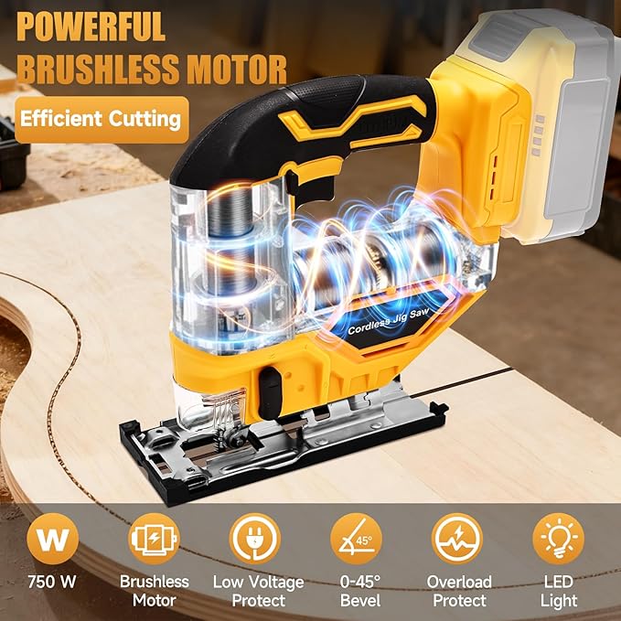 Jig Saw for Dewalt 20V Max Battery, Cordless Jigsaw Tool with 45° Bevel Cuts & 3 Orbital Motions, Up To 2900 RPM, Brushless JigSaw for Straight/Curve/Circle Cutting(Battery Not Include)