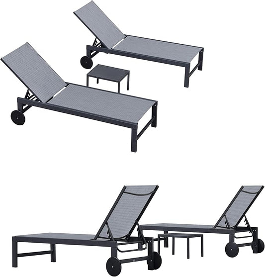 PURPLE LEAF Chaise Lounge Chair with Wheels for Outside 4 Pieces Aluminum Outdoor Lounge Chairs with 5 Adjustable Position Recliner for Patio Beach Yard Pool Side Table Included Mixed Grey