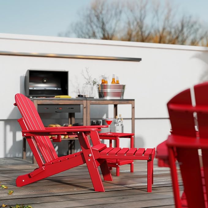 GREENVINES Adjustable Adirondack Chair with Retractable Ottoman Set of 2 | Folding | HDPE Plastic | Fire Pit Chairs w/Foot Rest | 2 Cup Holders | Red | for Outdoor Patio Poolside Deck