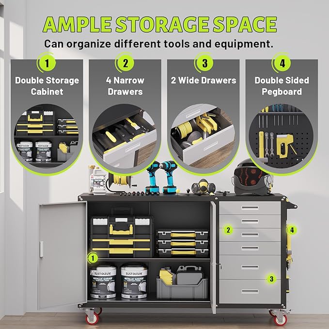 55"W Heavy Duty Rolling Workbench with Drawers and Storage,1000 LBS Capacity Work Bench with Lockable Cabinet & Adjustable Shelf,Garage Workbench with Pegboard & Wheels for Garage/Repair Shop