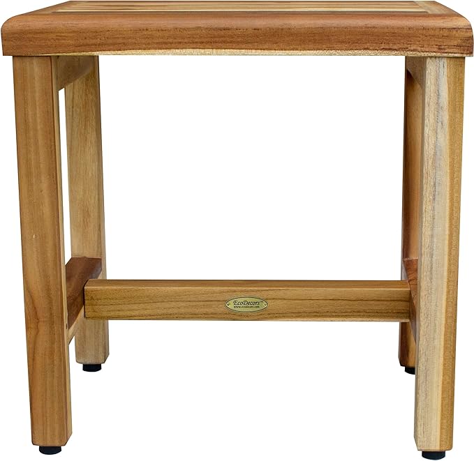 EcoDecors 18 Inch Natural Teak Waterproof Teak Wood Shower Bench Stool Seat Chair For Inside Shower Provides Safety, Storage, and Organization For Bathroom Accessories