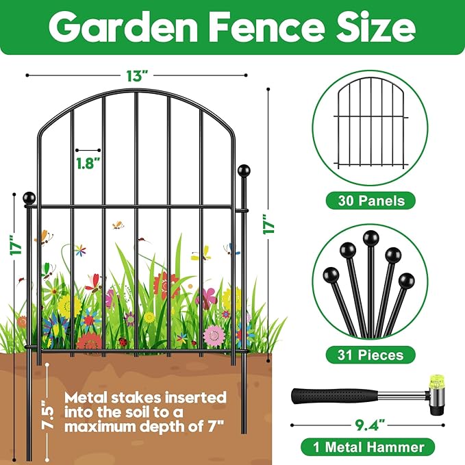 Decorative Garden Fence 17in (H) x30ft (L), Arched Rustproof Metal No Dig Fence for Dogs & Rabbit, Ornamental Animal Barrier for Flower Beds, Border Panels Fencing for Yard & Patio Outdoor Decor
