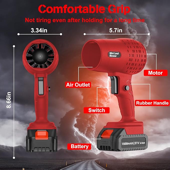 Leaf Blower with 21V*2 Pcs Batteries, 950000RPM Powerful Fan, High Variable Speed 200 MPH, Handheld Air Blower, Perfect for Car Drying, Patio Cleaning, Lawn Caring, Leaves Blowing (Red)