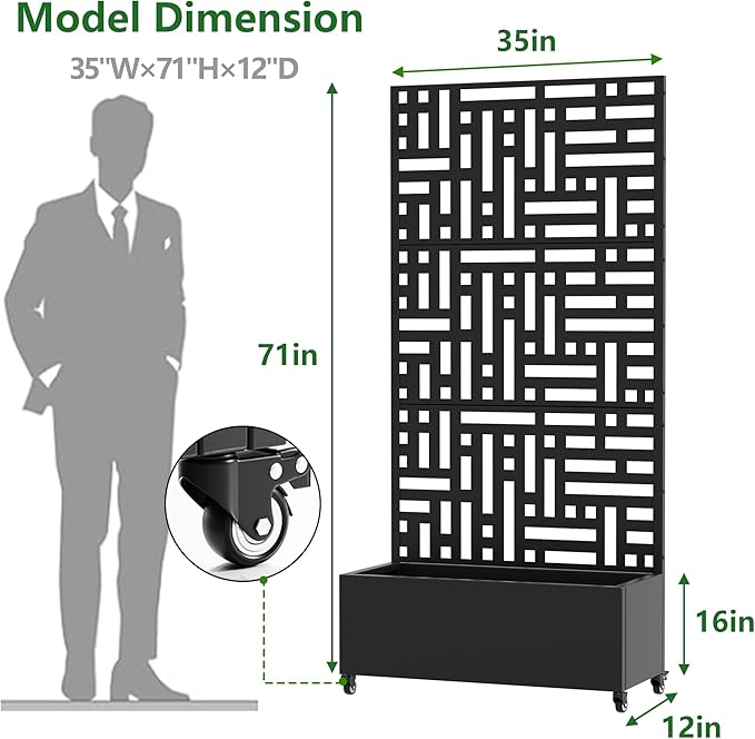 Casaphoria Raised Garden Bed Metal Planter Box with Trellis, 72"x35"x16" for Outdoor Climbing Plants, Flowers Vegetables and Vines Privacy Screen with Wheels and Drainage Holes(Black Street)