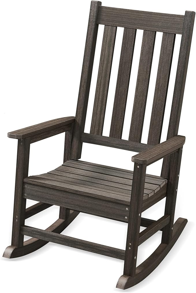 Rocking Chair Outdoor, HDPE Oversized Patio Rocking Chairs, Weather Resistant, 350lbs Heavy Duty Porch Rocker with High Back for Backyard, Fire Pit, Garden and Indoor (Dark Brown)