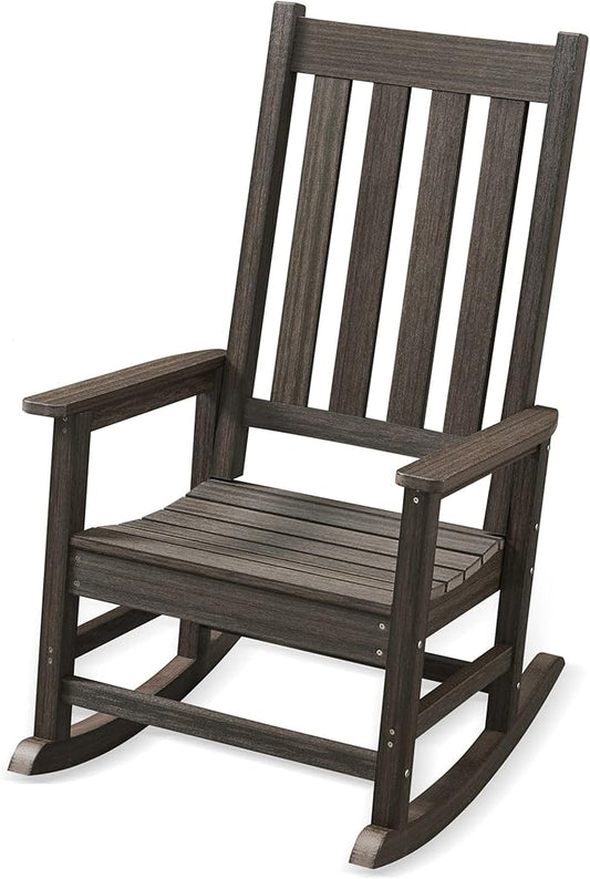 Rocking Chair Outdoor, HDPE Oversized Patio Rocking Chairs, Weather Resistant, 350lbs Heavy Duty Porch Rocker with High Back for Backyard, Fire Pit, Garden and Indoor (Dark Brown)