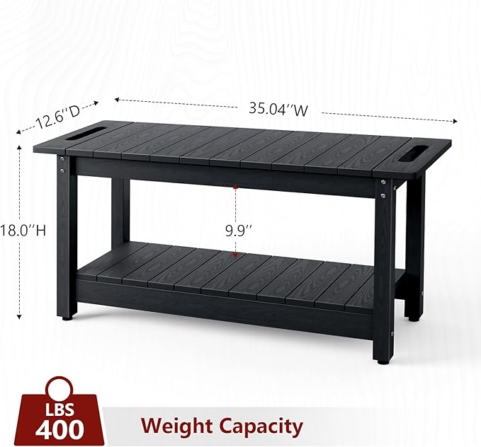 Stoog 35.5" Large Shower Bench, Waterproof Shower Stool with Storage Shelf and Handles, Adjustable and Non-Slip Feet, Shower Chair for Inside Shower, Black