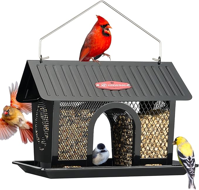 Kingsyard Metal Bird Feeders for Outdoors Hanging, Wild Bird Feeder with Seed Tray and Weatherproof Roof, 3 lbs Seed Capacity, Black