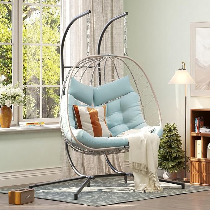 Patiorama 2 Person Double Egg Swing Chair with Stand Indoor Outdoor, Patio Wicker Rattan Hanging Egg Chair w/Cushion, Pillow, Foldable Hammock Chair 550lbs for Bedroom, Balcony, Garden (Light Blue)