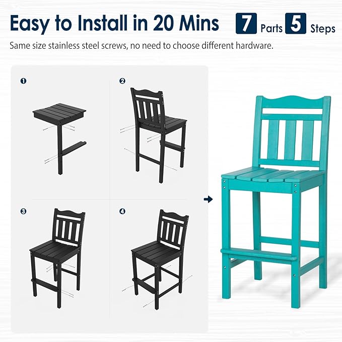 nalone Outdoor Bar Stool, HDPE Tall Adirondack Chair Bar Chair, Weather Resistance Bar Height Chairs for Balcony, Garden, Yard, Backyard (Aruba, Bar Chair)