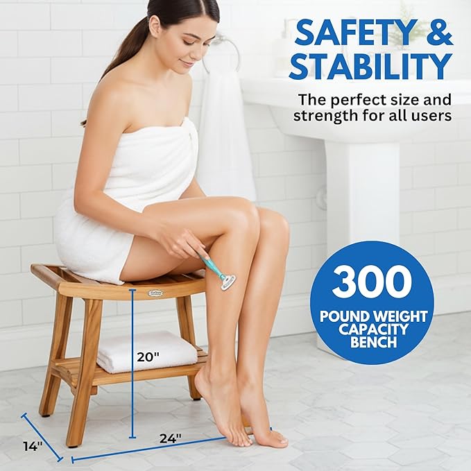 EcoDecors 24 Inch Harmony Natural Color Waterproof Teak Wood Shower Bench Stool Seat Chair For Inside Shower Storage Shelf Provides Safety, Storage, and Organization For Bathroom Accessories