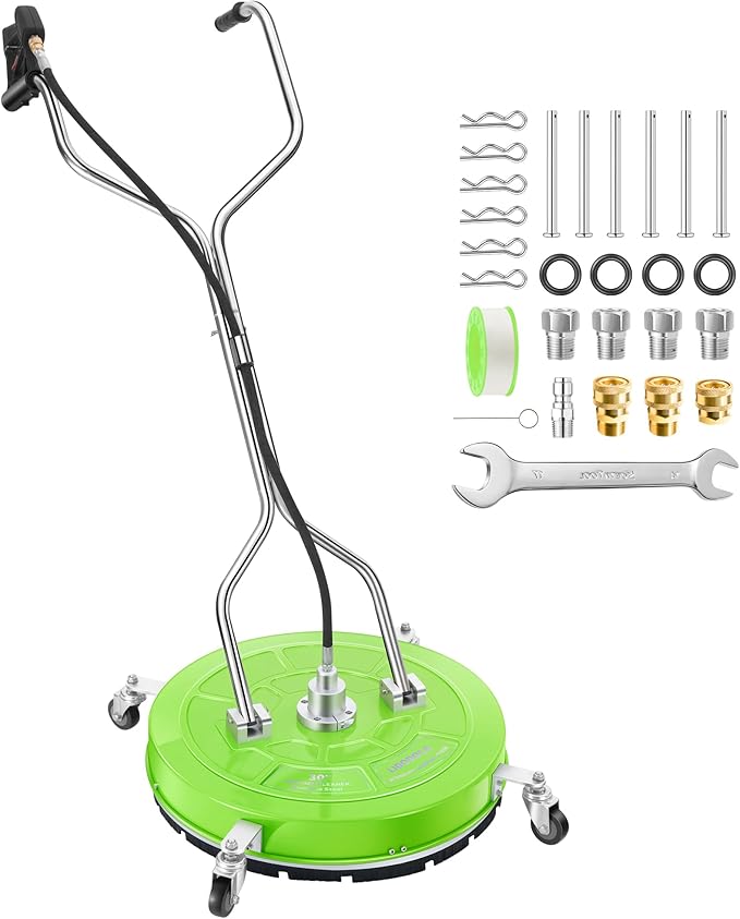 30" Pressure Washer Surface Cleaner with 4 Wheels - Coated Green Dual Handle Stainless Steel Surface Cleaner for Pressure Washer Attachment for Concrete, Patio, Sidewalk, Deck and Driveways - PWS30G