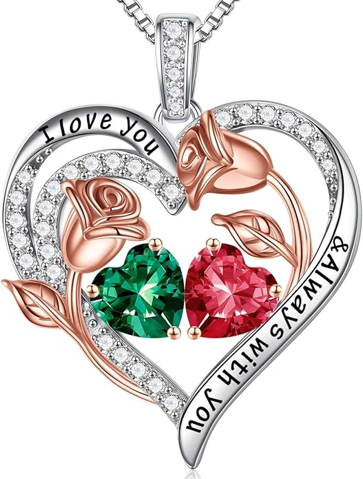 Iefil Christmas Gifts for Women Wife - 925 Sterling Silver Rose Heart Birthstone Necklace Birthday Anniversary Jewelry Gifts for Her Wife Mom Daughter