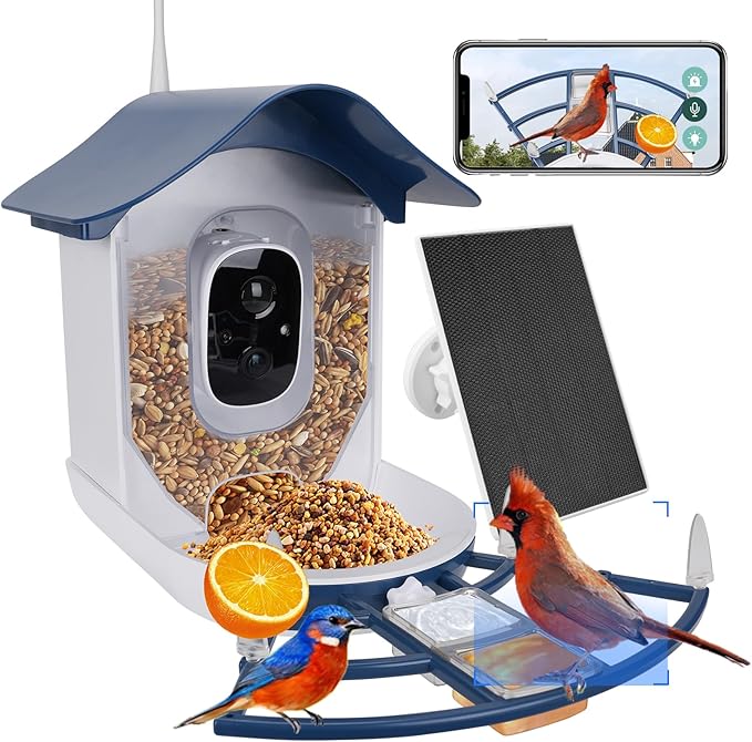 Smart Bird Feeder with Camera,AI Identify Bird Species,Auto Record 2K Video in Backyard Garden,Live View,Solar Powered Charging,Ideal Gifts for Family and Lovers (Dark Blue)