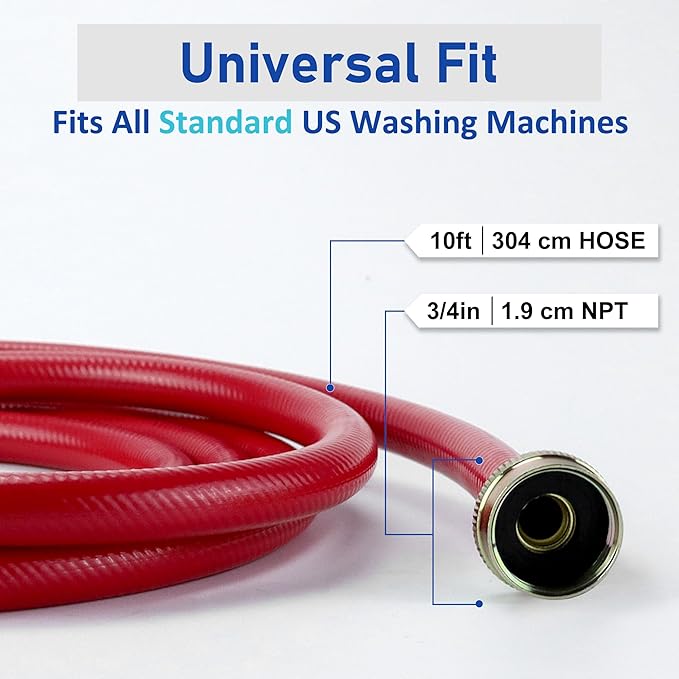 2 PACK Rubber Washing Machine Hoses Burst Proof Red and Blue Coded Washer Machine for Hot and Cold Water 3/4" Connection Supply Lines by Fetechmate Washer Hoses (10 FT)