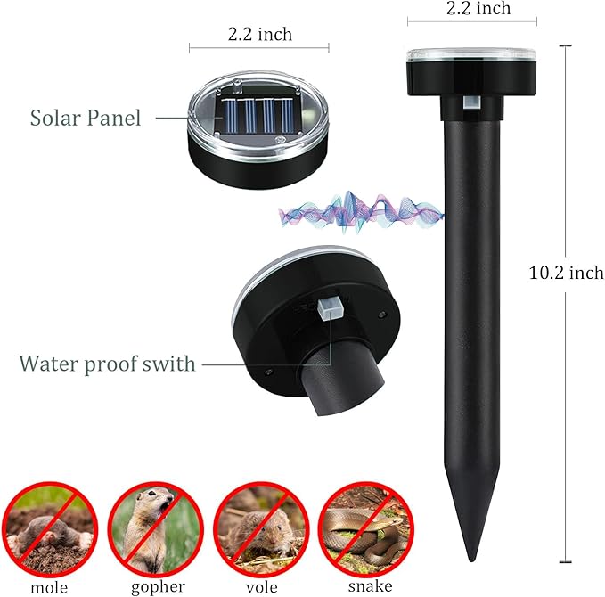 Mole Repellent 10P Solar-Powered Deterrent Stake, Sonic Spikes Get Rid for Snake, Groundhog, Gopher, Vole, Deer, Repellent for Lawns Garden & Yard Black