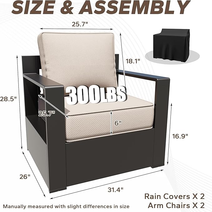 Aluminum Patio Chairs Set of 2, All Weather Use Outdoor Dining Chairs with Rectangular Framed Metal Armrest & 6" Fade-Resistant Cushions & Chair Covers for Deck Balcony Backyard (Beige)