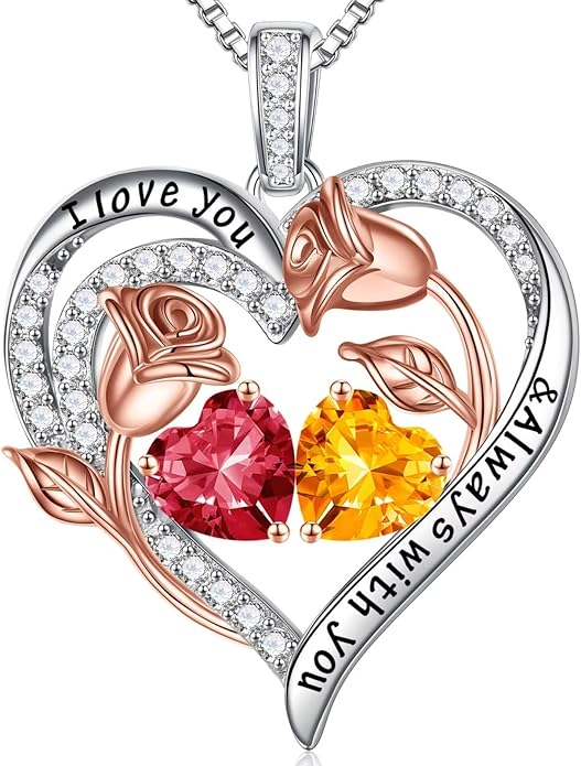 Iefil Christmas Gifts for Women Wife - 925 Sterling Silver Rose Heart Birthstone Necklace Birthday Anniversary Jewelry Gifts for Her Wife Mom Daughter