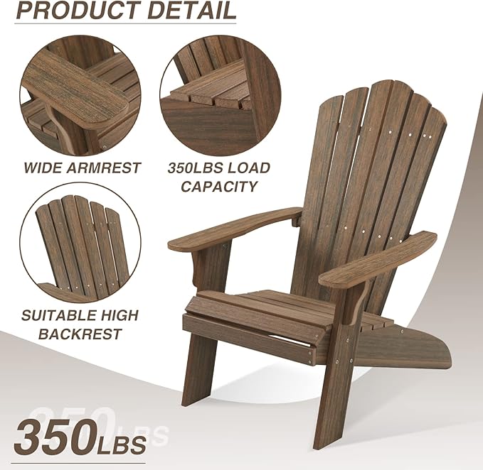 Adirondack Chair Outdoor, Oversized Patio Chair Poly Lumber, Weather Resistant & Heavy Duty, Fire Pits Chair for Porch, Poolside, Lawn, Backyard and Garden, 350lbs Capacity (Light Brown)