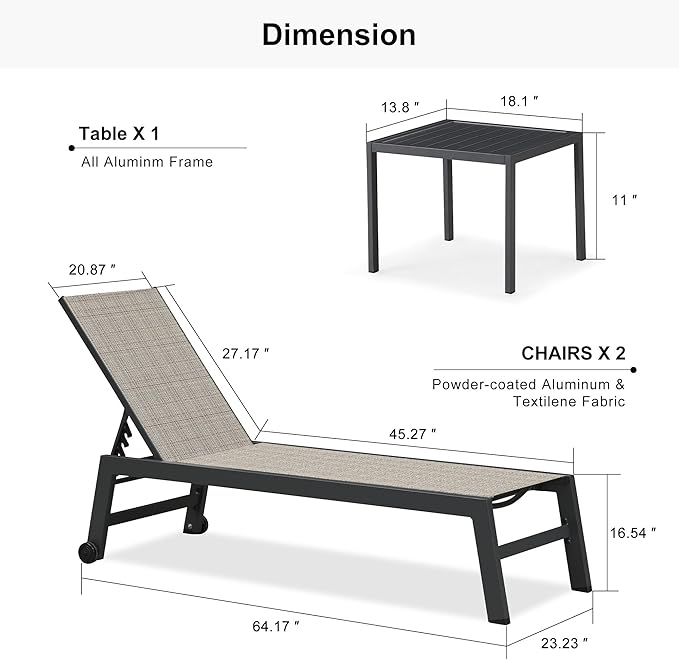 PURPLE LEAF Patio Chaise Lounge Set 2 Pieces Textilene Pool Lounge Chairs with Wheels Sunbathing Chair for Outdoor Yard (2 Camel Lounges W/Side Table)