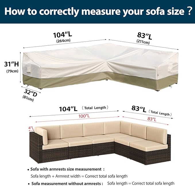 Outdoor Sectional Cover-L-Shaped Patio Furniture Covers Waterproof Rip-Stop Anti-UV 600D Heavy Duty Outdoor Couch Cover with 3 Air Vents, Right-facing 104''L （83''L） 32''D 31''H, Light Green