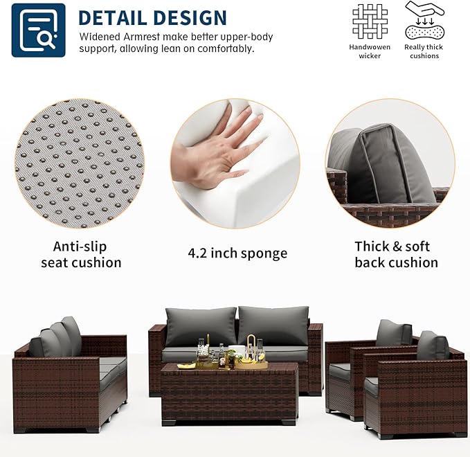 UDPATIO 4 Piece Patio Furniture Set, Wicker Patio Set with Storage Coffee Table and Dark Grey Cushions, Outdoor Patio Furniture for Porch Balcony