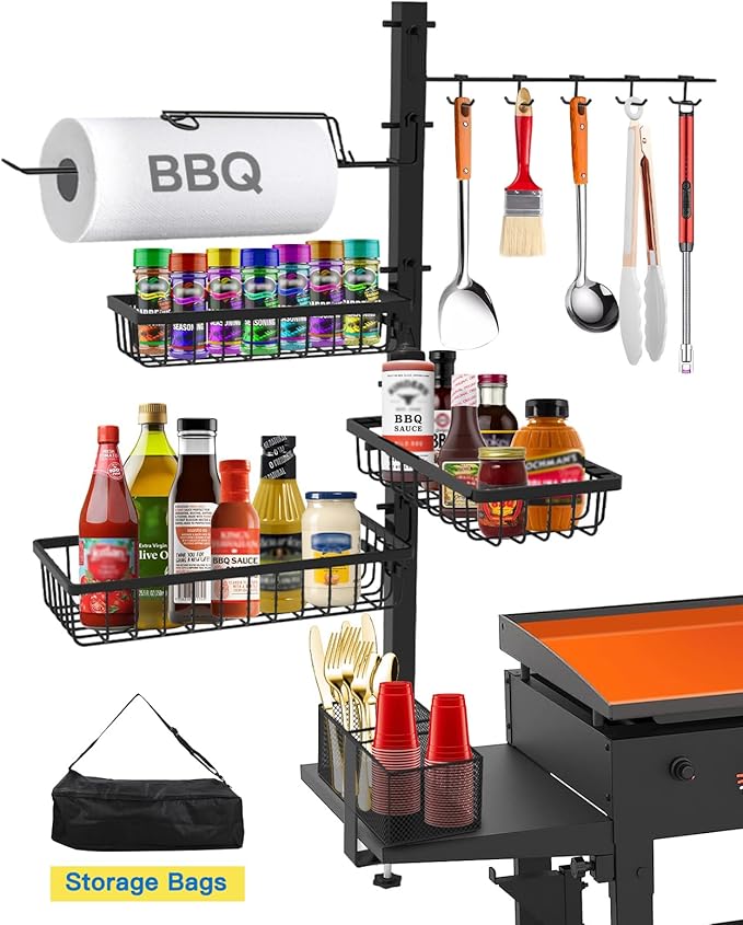 Griddle Caddy Organizer for Blackstone Griddle Accessories, BBQ Grill Picnic Utensil Condiment Caddy with Paper Towel Holder, Outdoor Kitchen Accessories for Camper, Gifts for Men, Dad