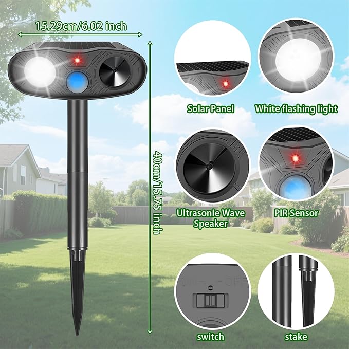 Ultrasonic Animal Repellent Outdoor Deer Repellent Devices, 2Pack Solar Animal Repeller with Motion Detection Cat Squirrel Dog Repellent Deterrent with LED Flash Lights for Yard (Black) 251113 (2)