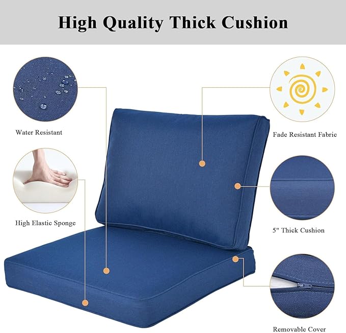 Aluminum Patio Furniture Set, All-Weather Outdoor Couch Sectional, L Shaped Patio Conversation Sets, Metal Corner Sofa with Teak Coffee Table (Cushion: Blue., White Frame)
