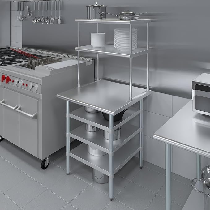 Amgood 30" x 30" Stainless Steel Work Table with 3 Shelves and 18" Wide Double Tier Overshelf | Metal Kitchen Prep Table & Shelving Combo | NSF